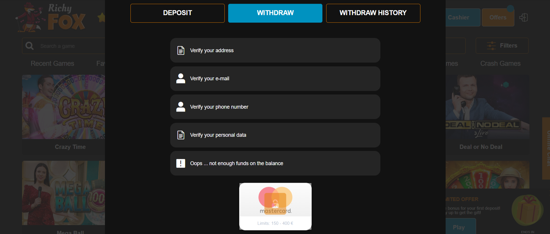 Richy Fox Casino Deposits and Withdrawals