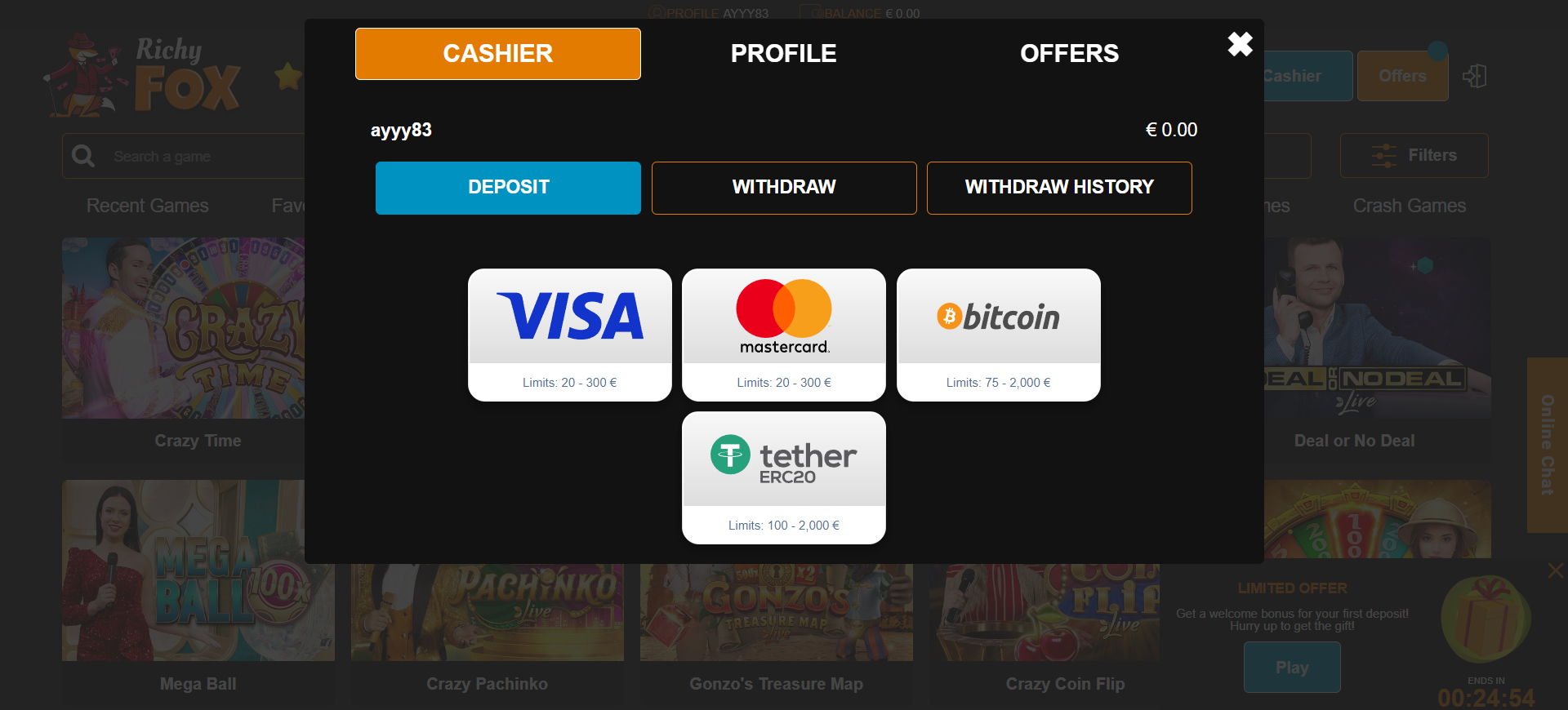 Richy Fox Casino Deposits and Withdrawals
